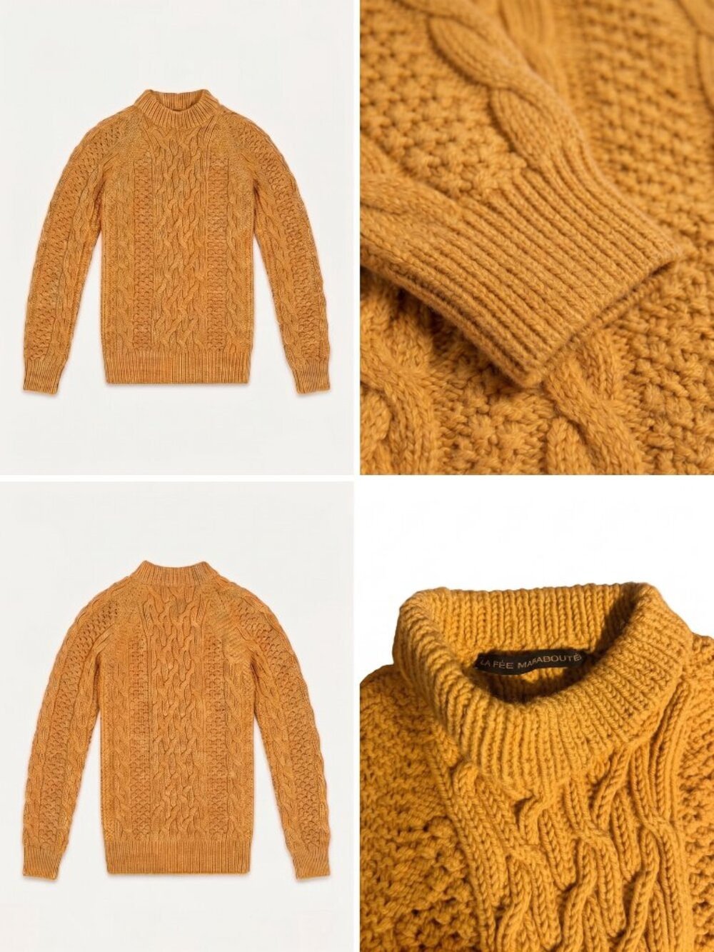 La Fée Maraboutée Mustard Marled Cable-Knit Mockneck Sweat